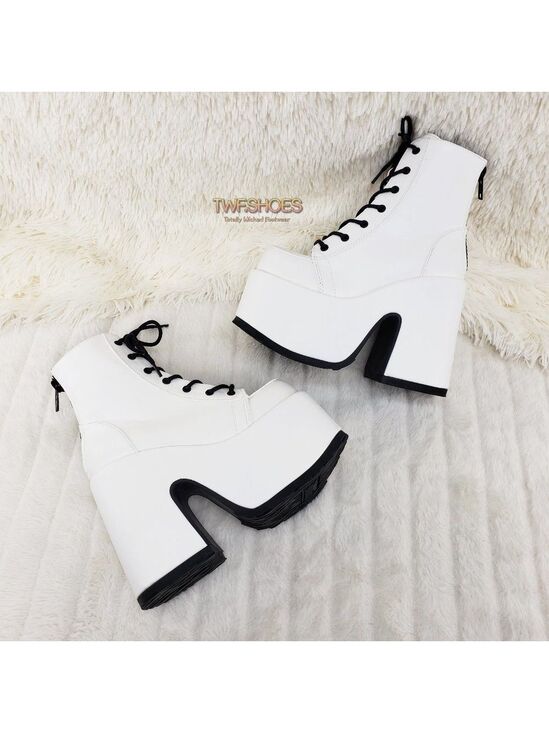 Demonia Shoes - White Matte Chunky Platform Goth Punk Ankle Boots Camel
